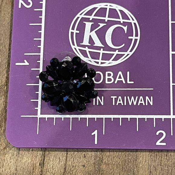 Vintage Acrylic Black Rhinestone Japanned Back Pierced Earrings Disc Back - Picture 4 of 6